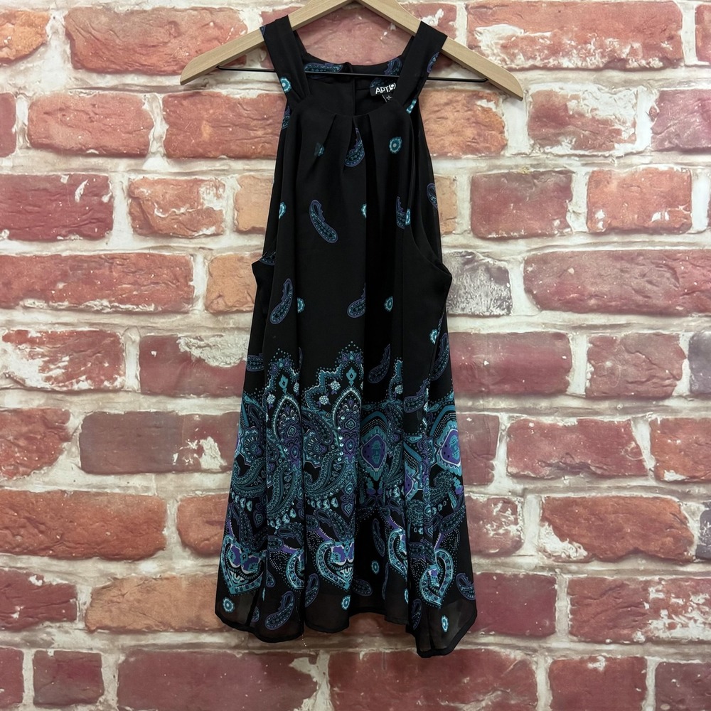 APT 9 Tunic Halter Top Women's Large Black Blue Boho Floral Paisley Sequin Shirt